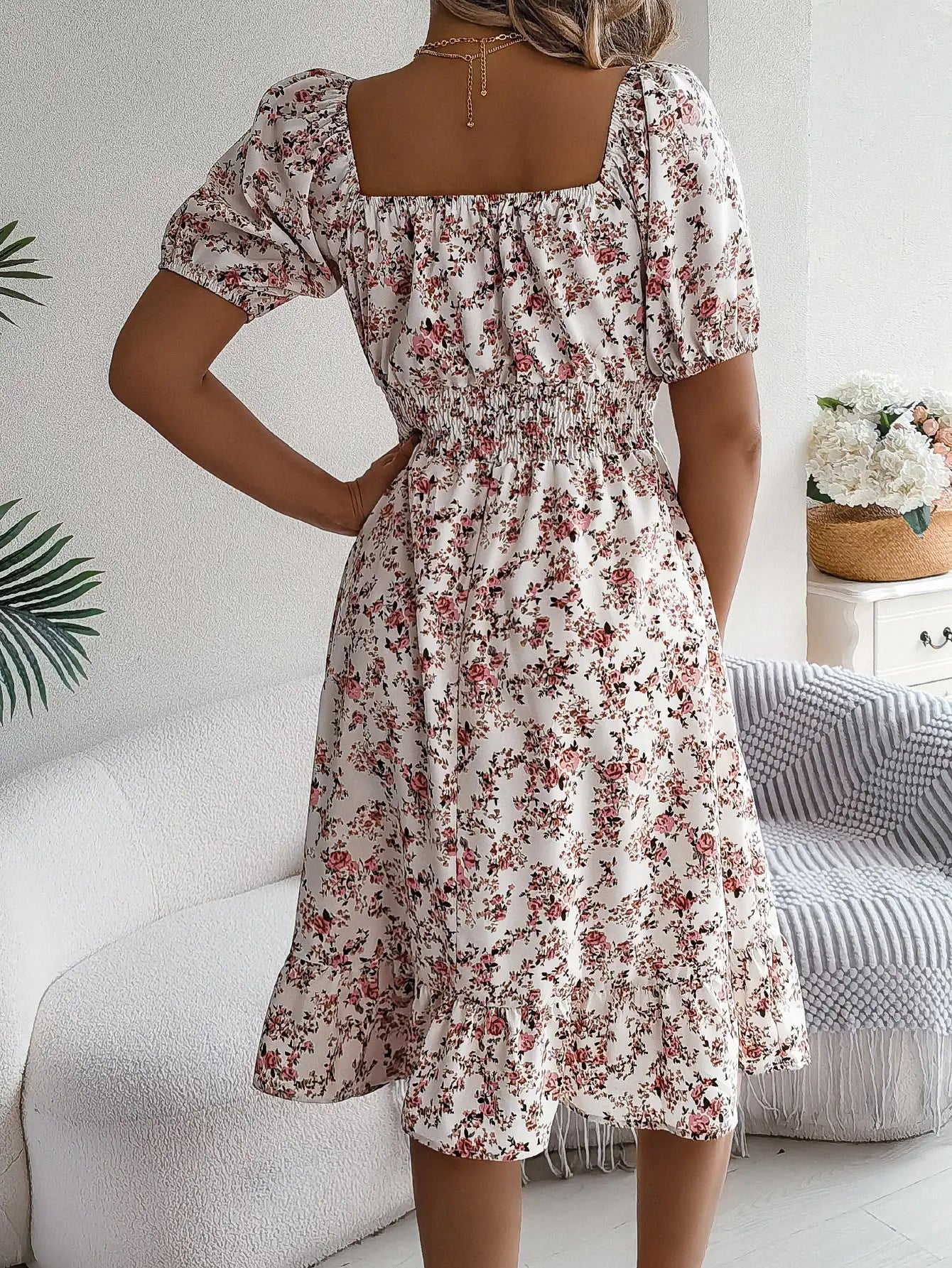 Robe à Col Carré et Imprimé Floral Mode Été avec Volants pour Femmes - DESIRALAND