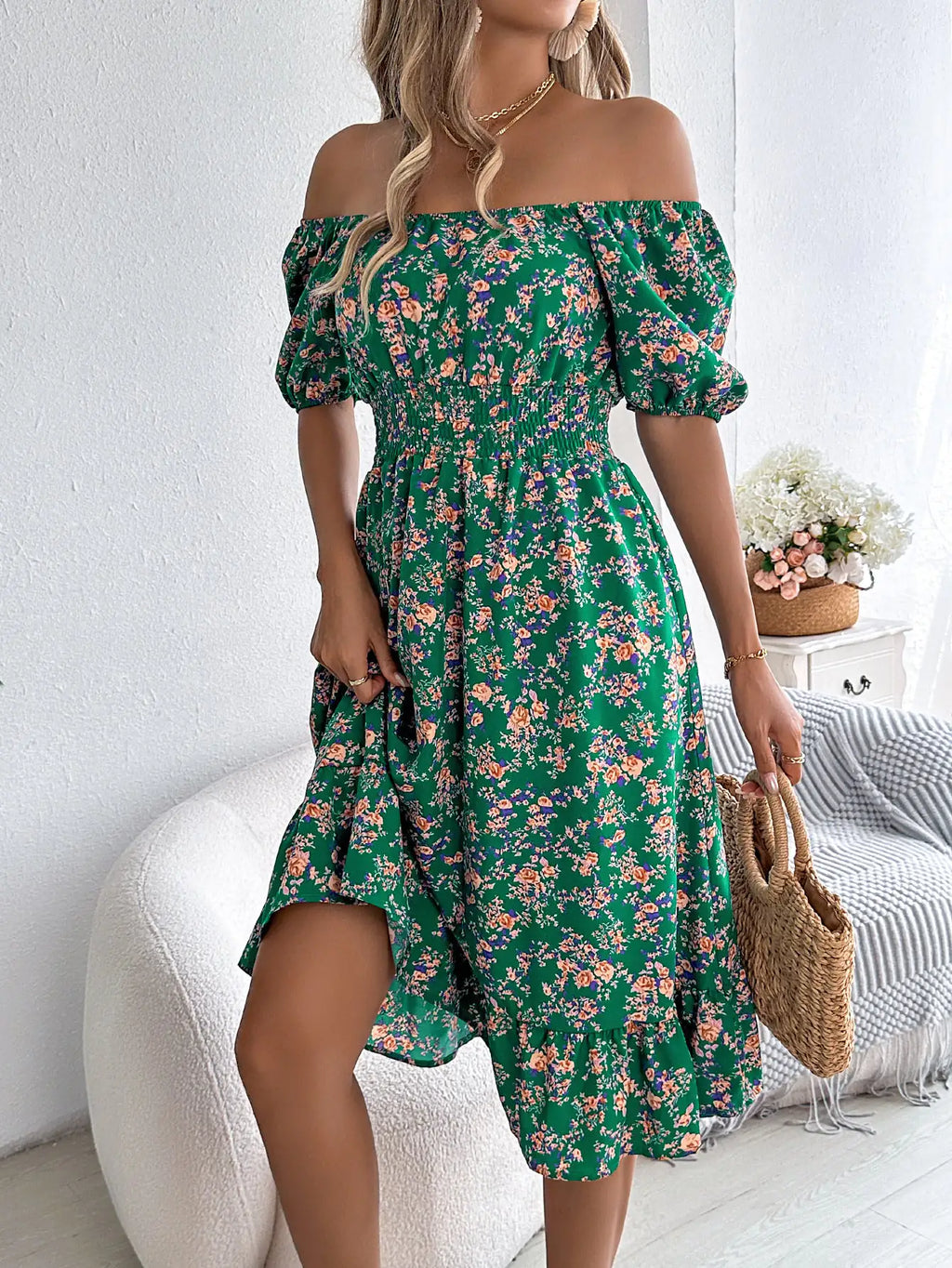 Robe à Col Carré et Imprimé Floral Mode Été avec Volants pour Femmes - DESIRALAND