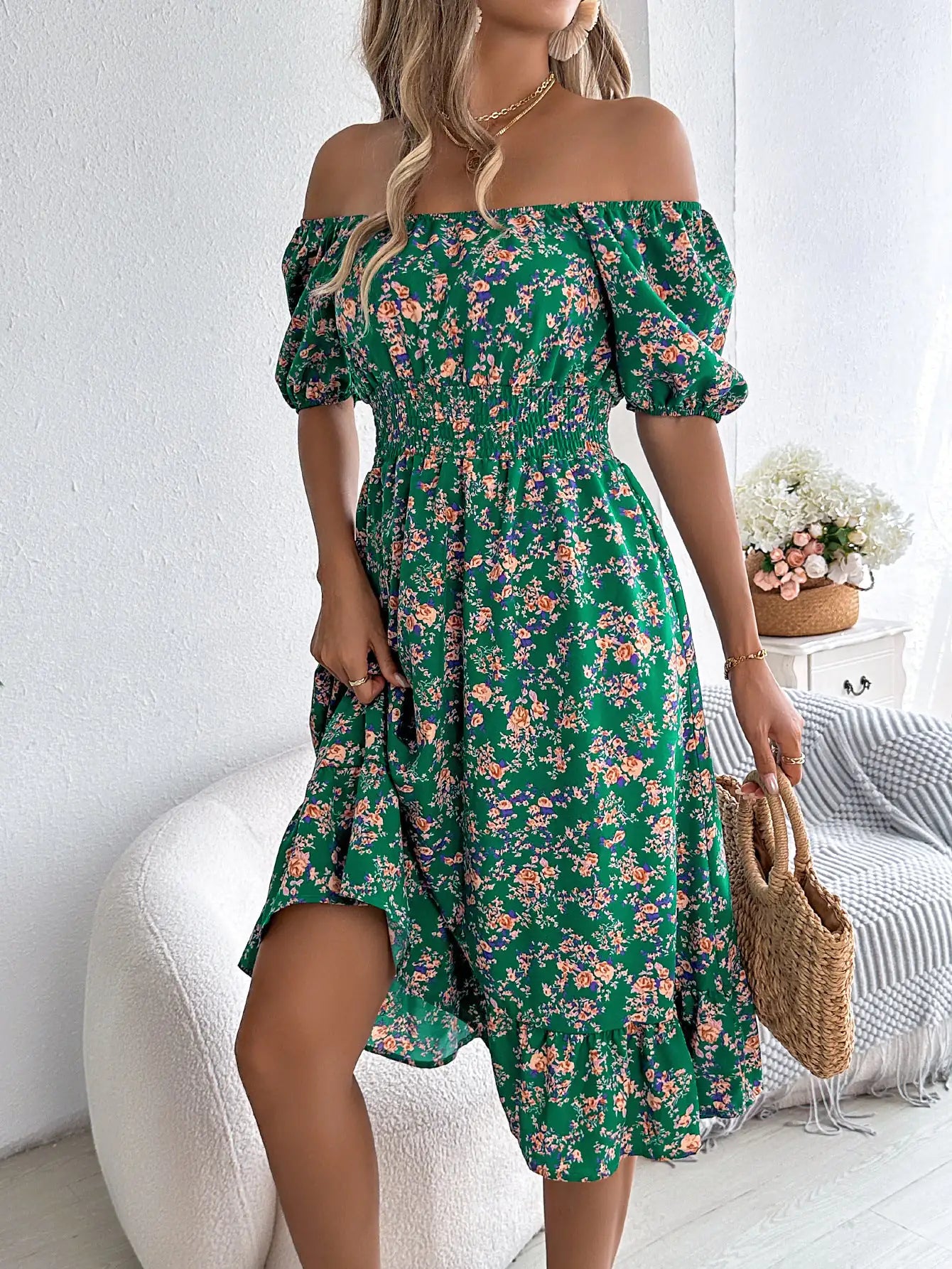 Robe à Col Carré et Imprimé Floral Mode Été avec Volants pour Femmes - DESIRALAND