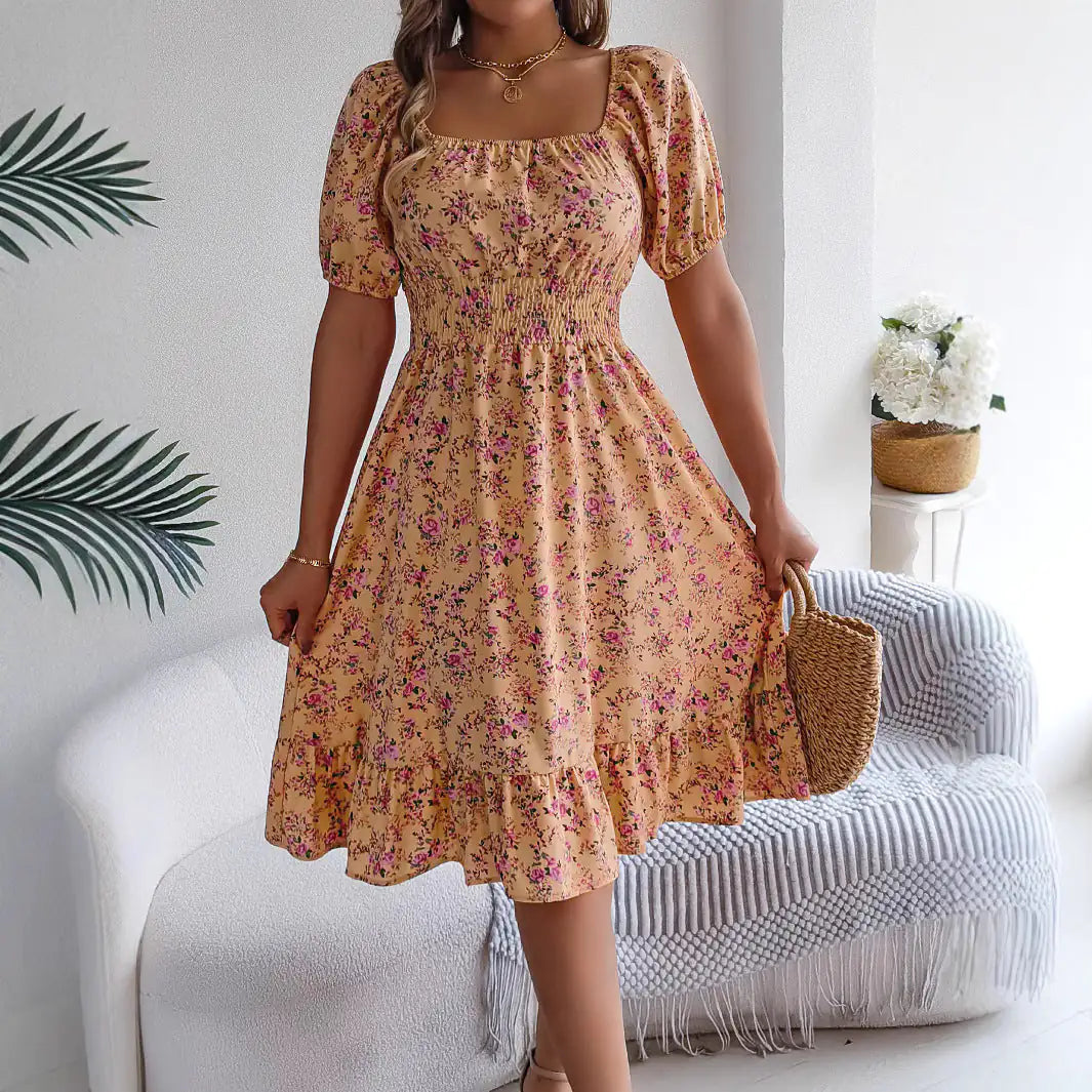 Robe à Col Carré et Imprimé Floral Mode Été avec Volants pour Femmes