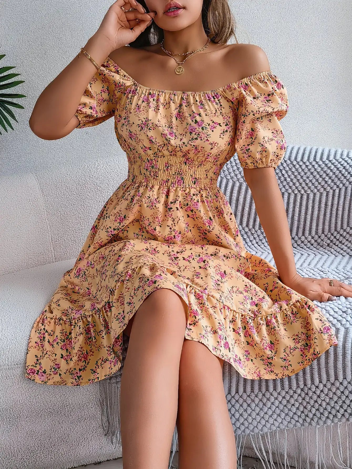 Robe à Col Carré et Imprimé Floral Mode Été avec Volants pour Femmes