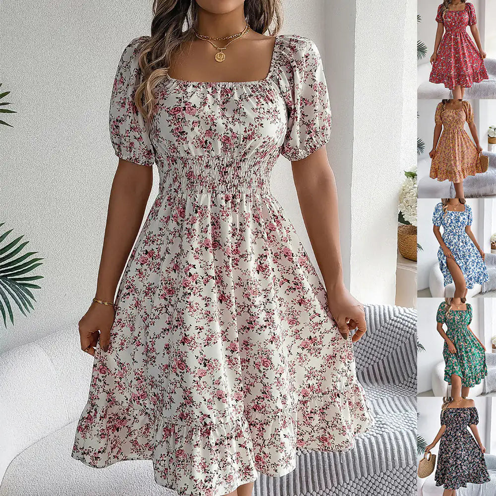 Robe à Col Carré et Imprimé Floral Mode Été avec Volants pour Femmes