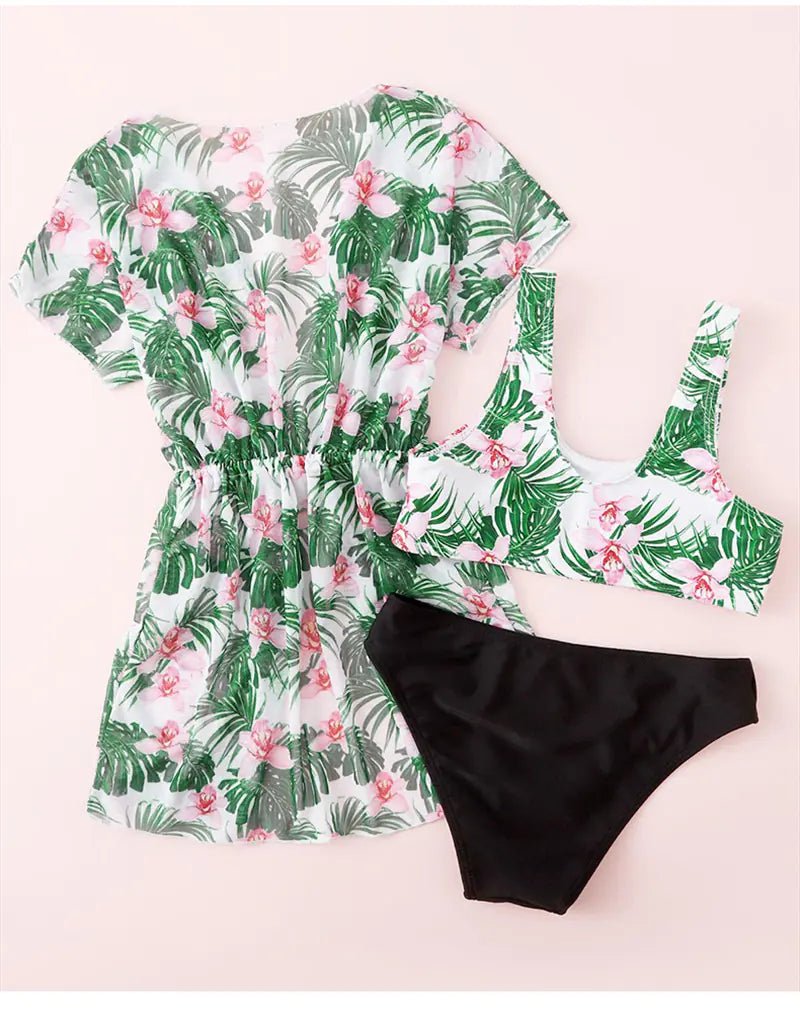 Ensemble de Maillot de Bain 3 Pièces Imprimé Feuille pour Filles - DESIRALAND