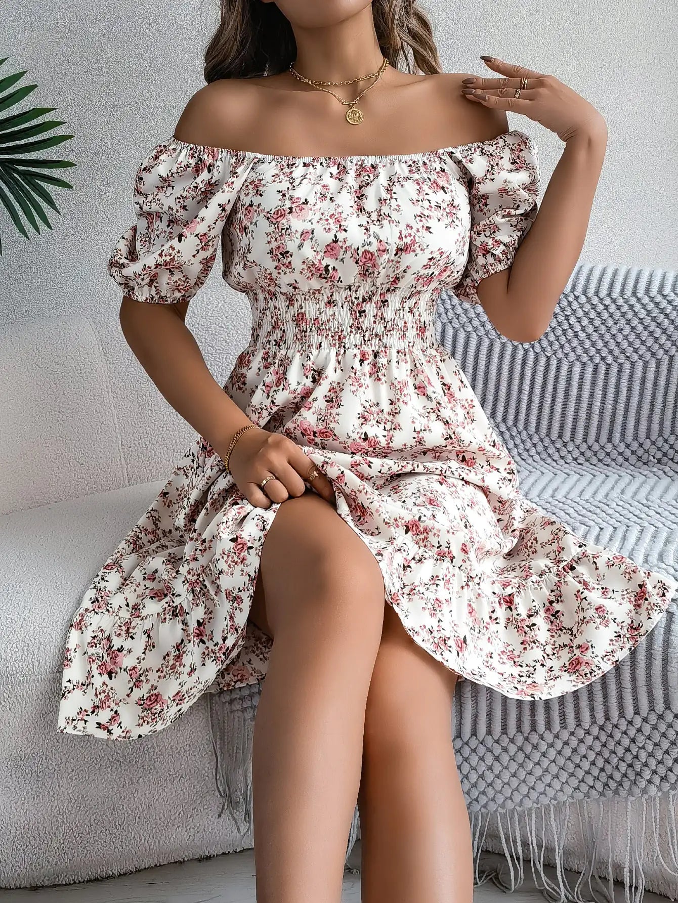 Robe à Col Carré et Imprimé Floral Mode Été avec Volants pour Femmes