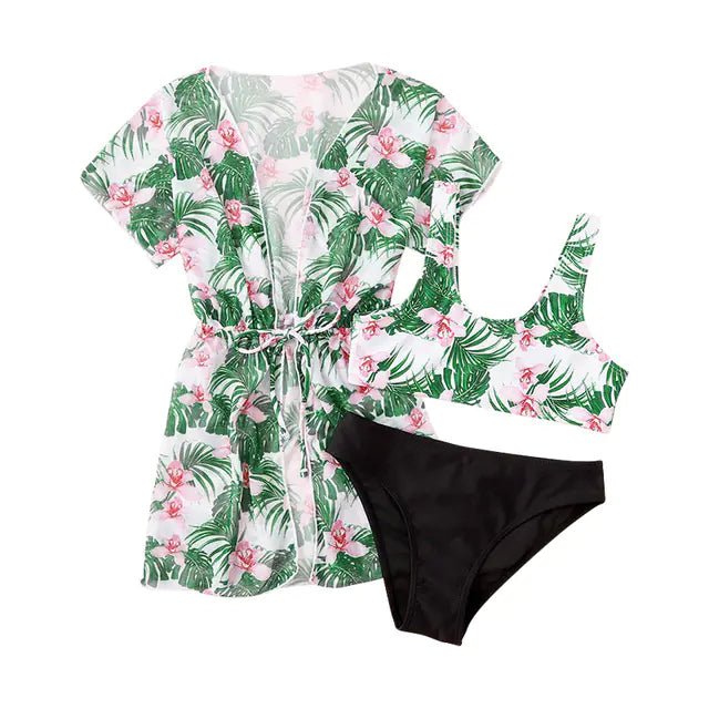 Ensemble de Maillot de Bain 3 Pièces Imprimé Feuille pour Filles - DESIRALAND